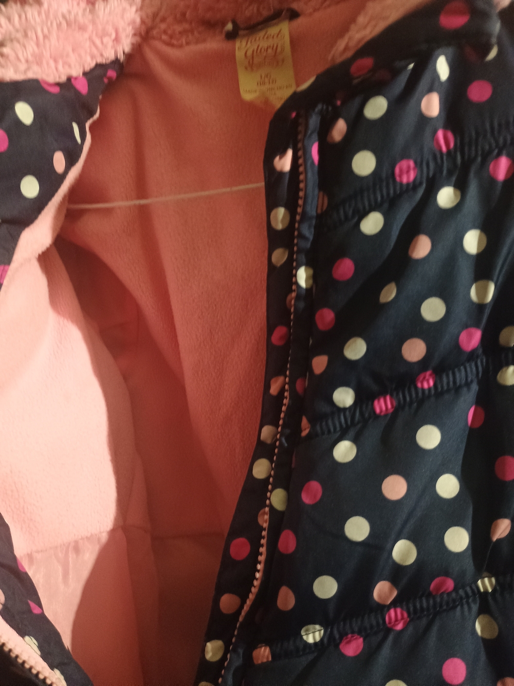 Faded Glory Navy Polka Dot Puffer Jacket with Pink Lining